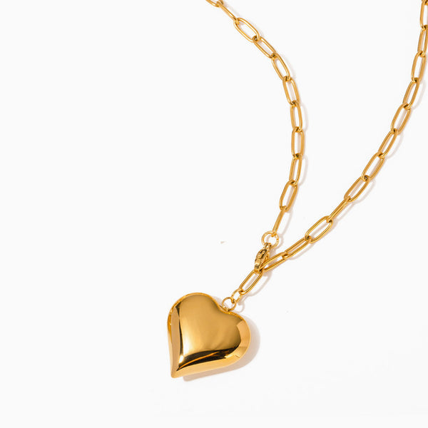 Statement 18K Gold Plated Chunky Heart Pendant Paper Clip Chain Necklace