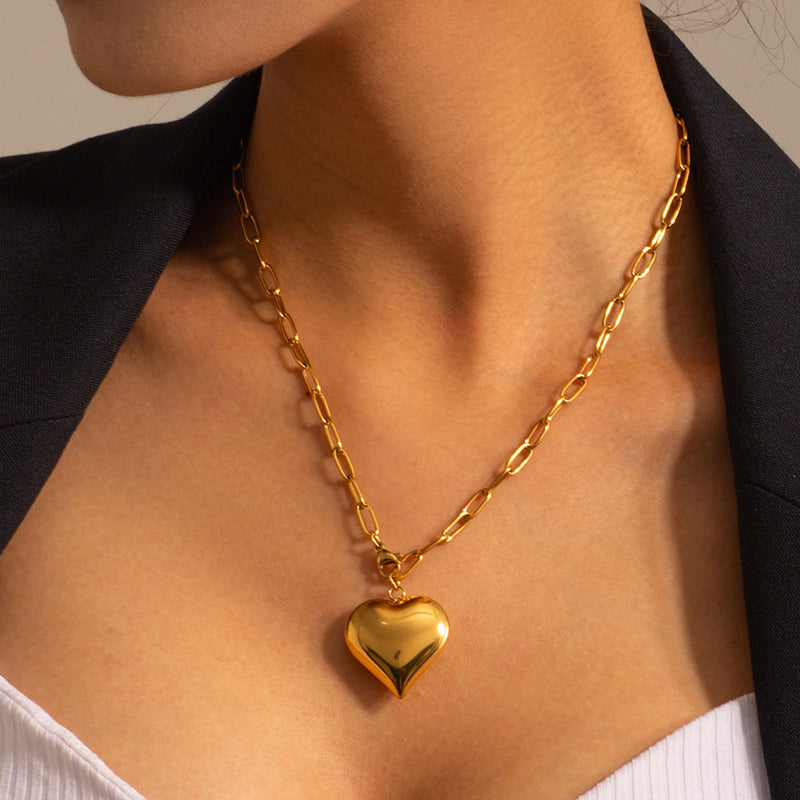 Statement 18K Gold Plated Chunky Heart Pendant Paper Clip Chain Necklace