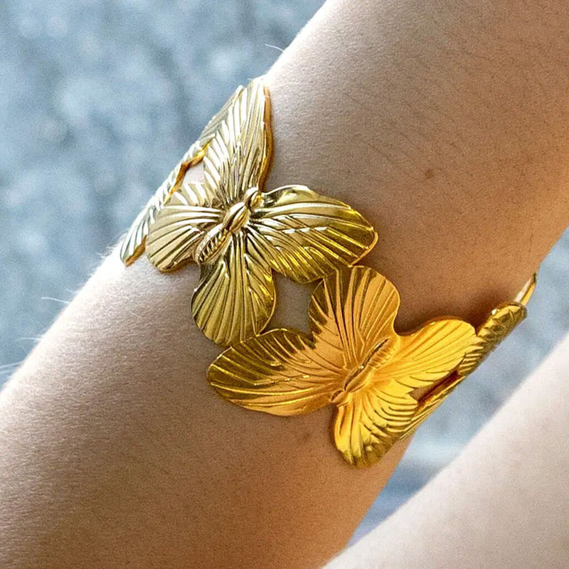 Statement 18K Gold Plated Ribbed Butterfly Open Cuff Bangle Bracelet
