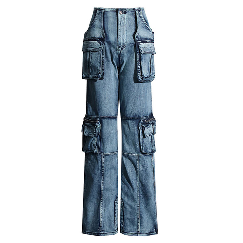 Street Distressed Flap Pocket Zipper Split Hem Straight Leg Cargo Jeans