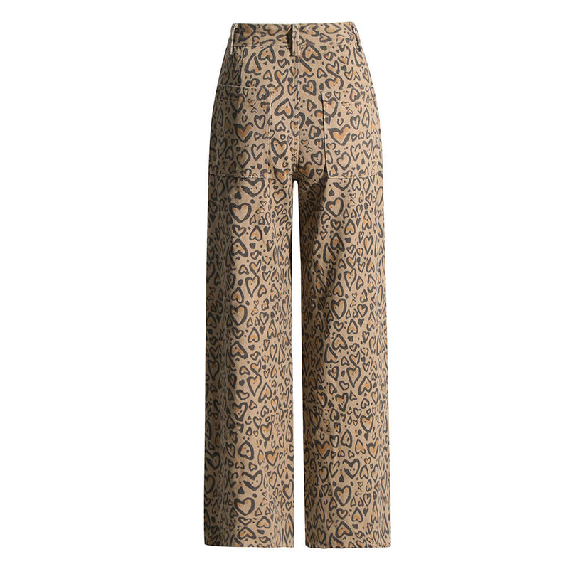 Street Leopard Crystal Embellished Cutout High Waist Straight Leg Denim Jeans