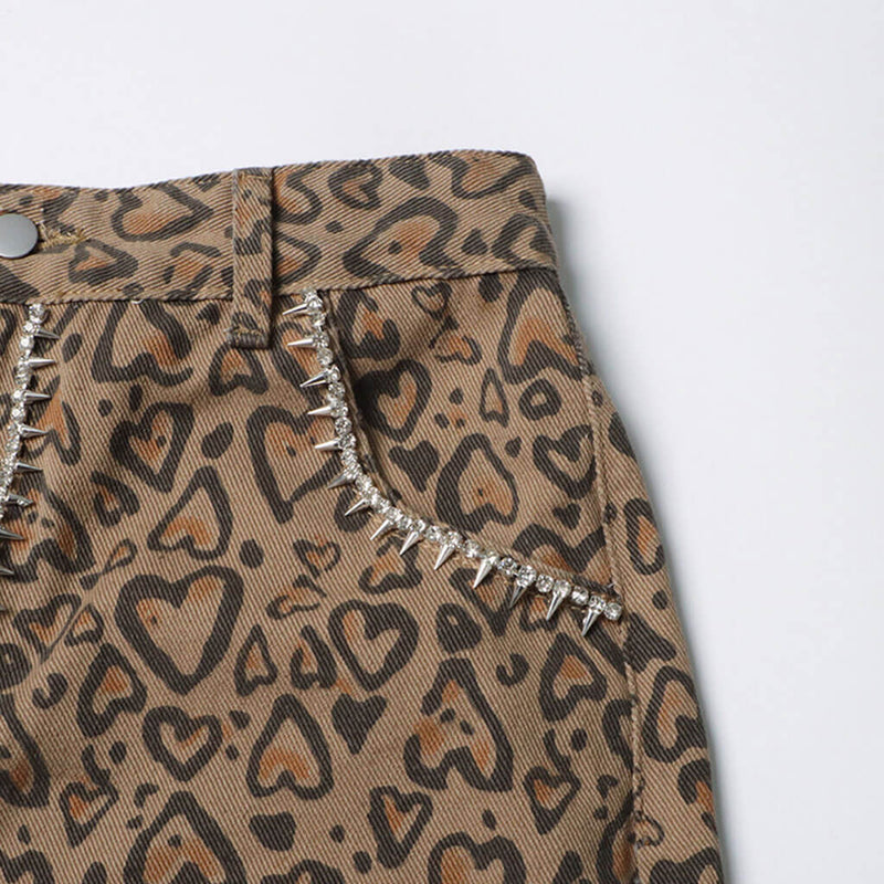 Street Leopard Crystal Embellished Cutout High Waist Straight Leg Denim Jeans
