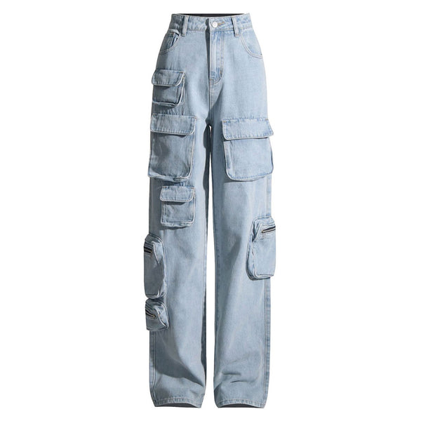 Street Style Multiple Pocket Wide Leg High Waist Cargo Jeans