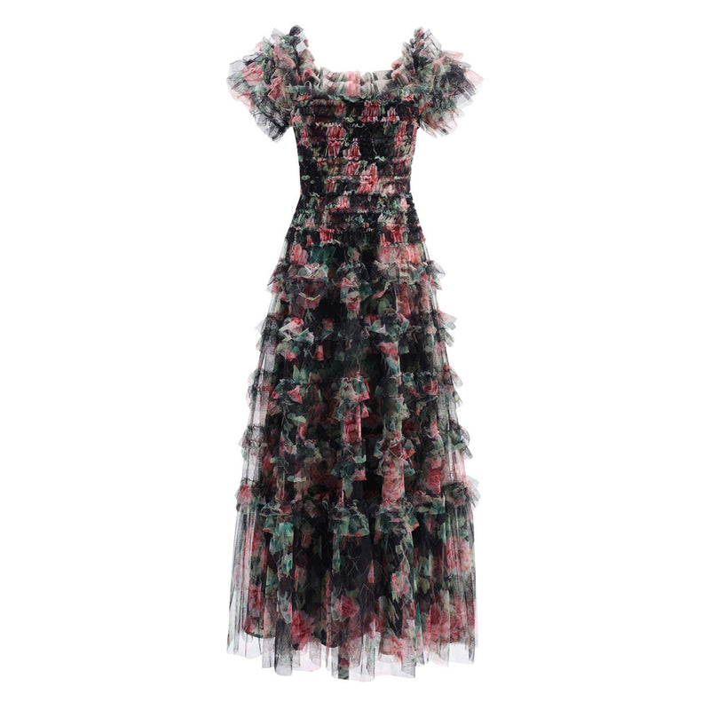 Sweet Floral Print Off Shoulder Short Sleeve Ruffle Tier Layered Tulle Maxi Dress