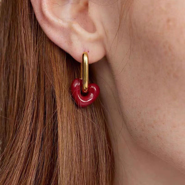 Sweet Heart 18K Gold Plated Link Valentine Enamel Hollow Hoop Earrings