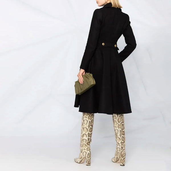 Sweet Notched Lapel Double Breasted Fit and Flare Long Sleeve Wool Blend Coat