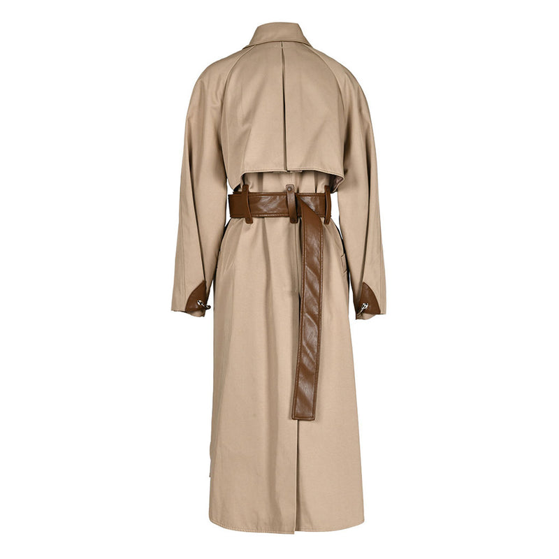 Tasteful Scarf Collared Long Sleeve Belted Cargo Pocket Leather Hybrid Trench Coat