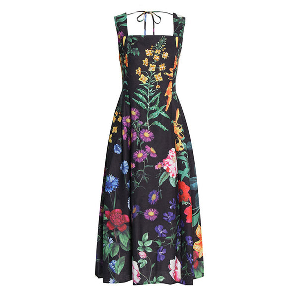 Tropical Crystal Studded Floral Print Tie Back Square Neck Fit and Flare Midi Sundress