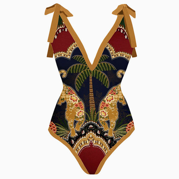 Tropical Tiger Print Moderate Bow Tie Strap V Neck One Piece Swimsuit