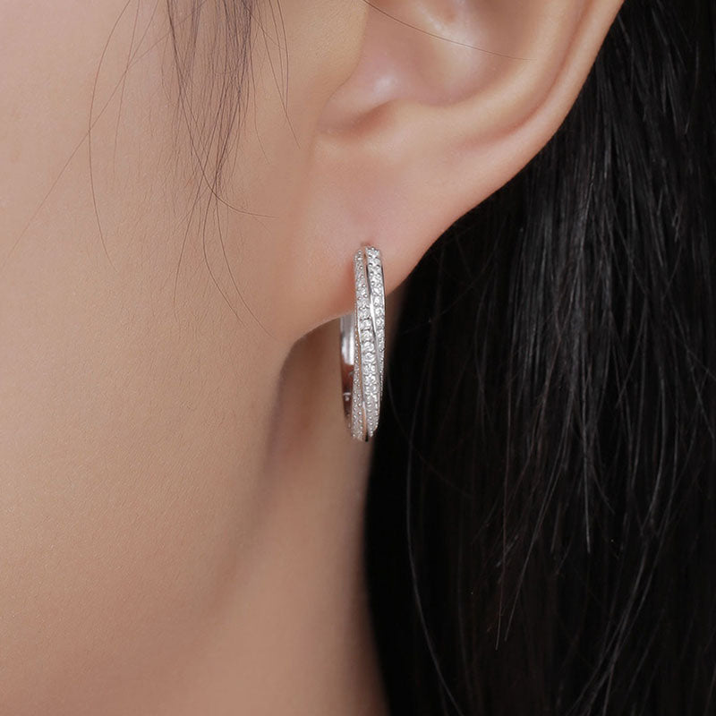 Twisted Pave Sterling Silver Round Cut Moissanite Hinge Hoop Earrings