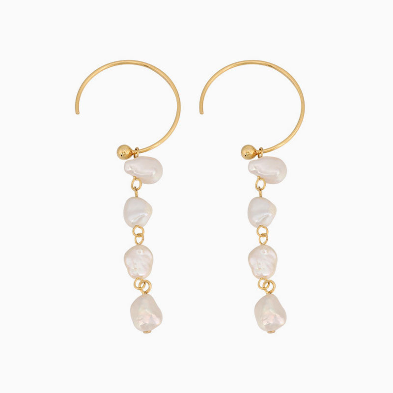 Two Tone Sterling Silver Plated Baroque Pearl C Hoop Linear Drop Earrings