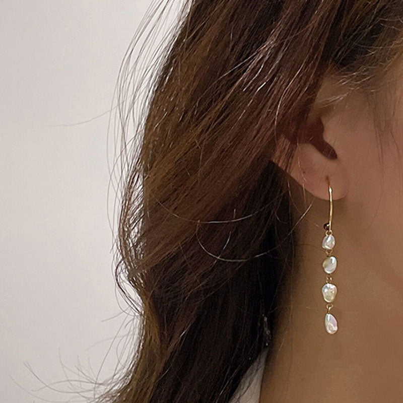 Two Tone Sterling Silver Plated Baroque Pearl C Hoop Linear Drop Earrings