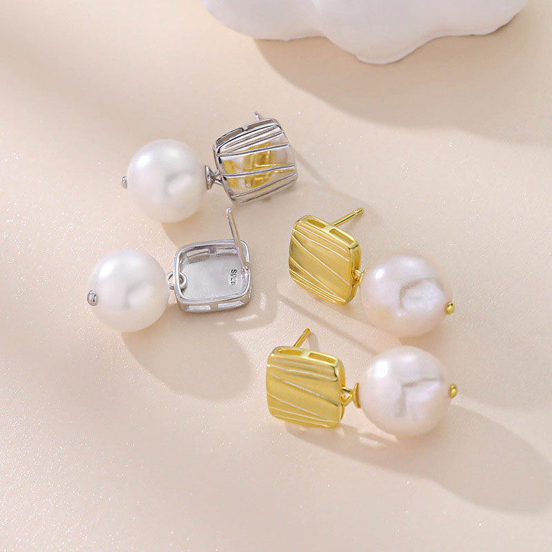 Two Tone Sterling Silver Plated Square Block Baroque Pearl Drop Earrings