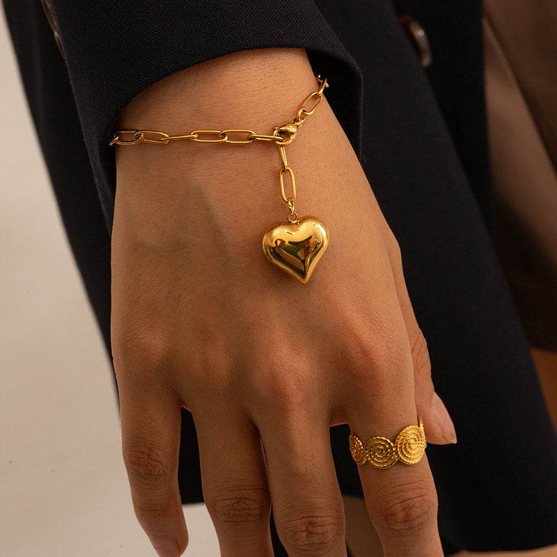 Unique 18K Gold Plated Puffy Heart Charm Paper Clip Chain Bracelet