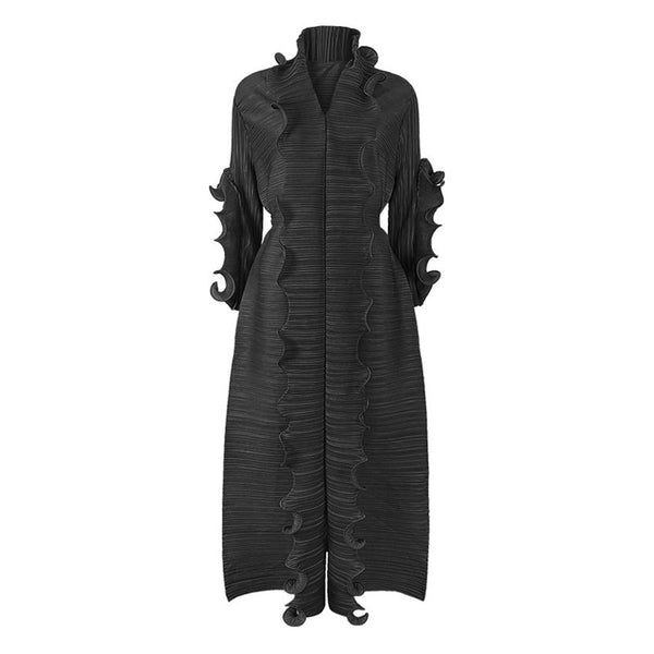 Unique Ruffled Long Sleeve V Neck Front Slit Belted Pleated Maxi Dress