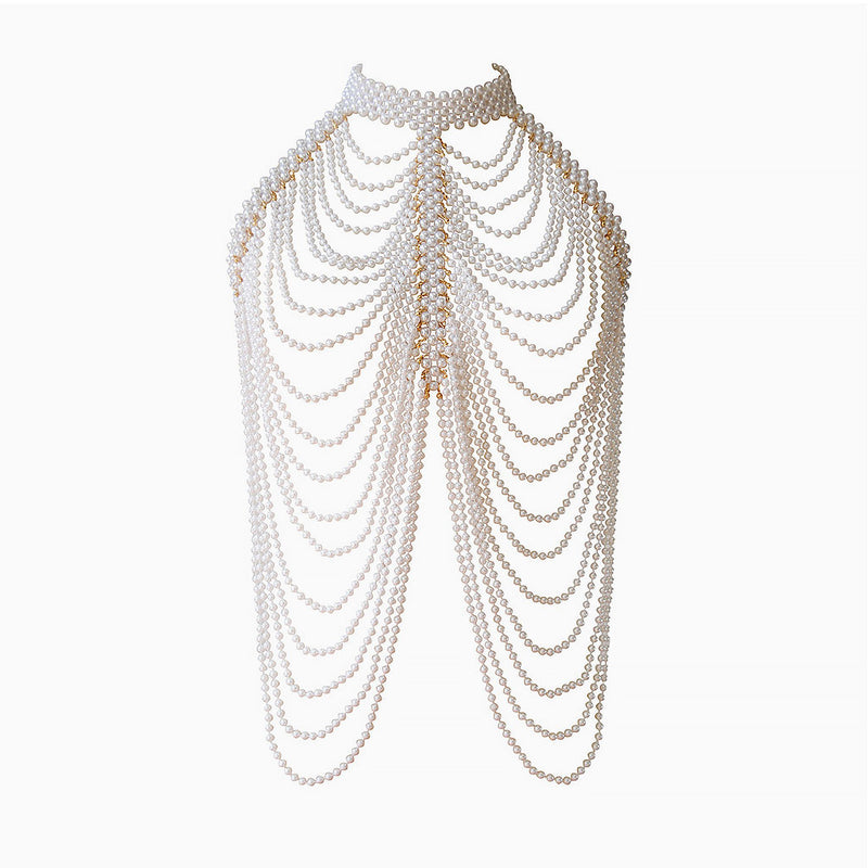 VICTORIAN FANTASIA Metallic Layered Imitation Pearl Choker Body Chain