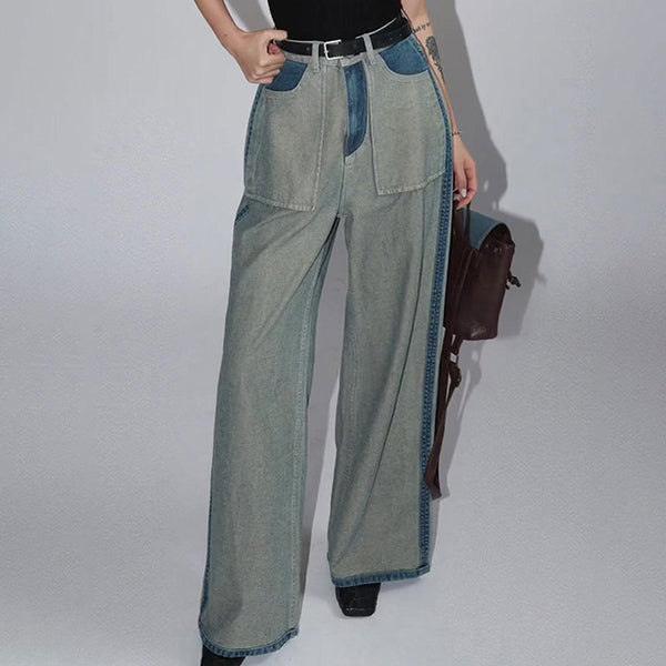 Vintage High Waist Cargo Pocket Wide Leg Contrast Panel Denim Jeans