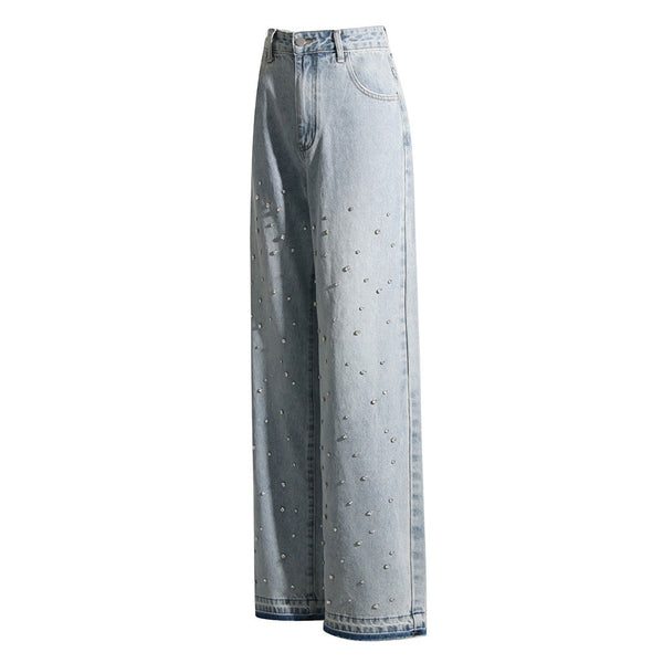 Vintage High Waist Rhinestone Detail Raw Trim Wide Leg Baggy Denim Jeans