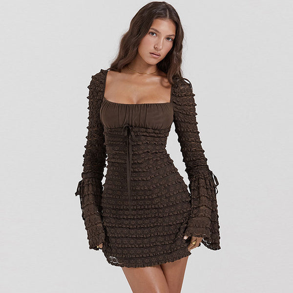 Vintage Ruched Square Neck Bow Trim Long Sleeve Bodycon Mini Lace Tiered Dress