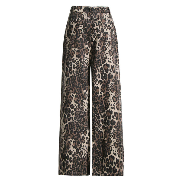 Vintage Style Leopard Print High Waist Cut Out Ripped Wide Leg Denim Jeans