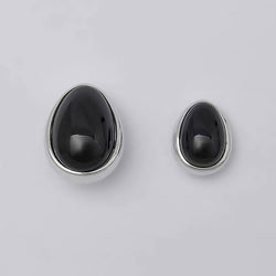 Vintage Two Tone Onyx Polished Sterling Silver Plated Pebble Stud Earrings
