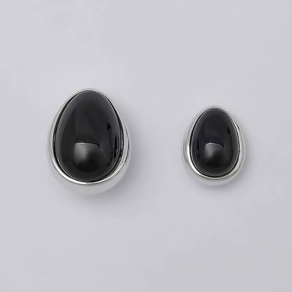 Vintage Two Tone Onyx Polished Sterling Silver Plated Pebble Stud Earrings