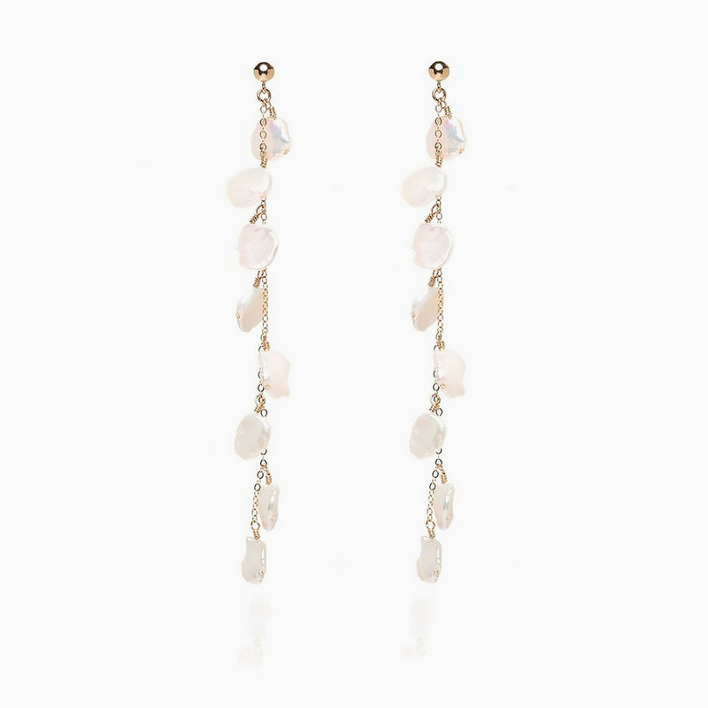 Wedding 18K Gold Plated Baroque Petal Pearl Cable Chain Drop Earrings