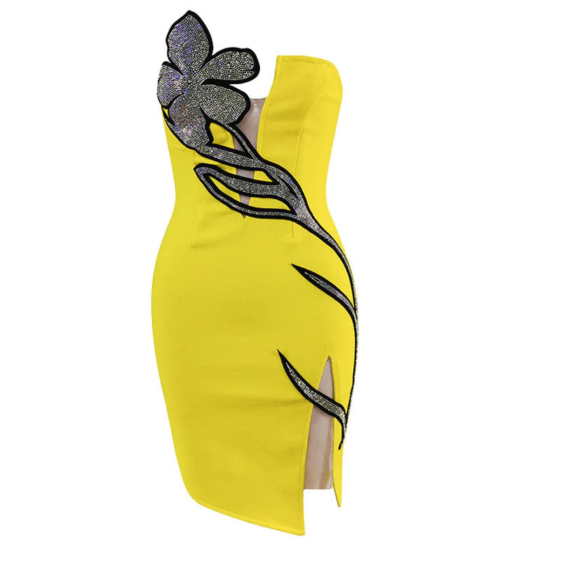 Glitter Petal Embellished Asymmetric Strapless Club Mini Dress - Yellow