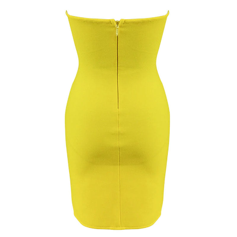 Glitter Petal Embellished Asymmetric Strapless Club Mini Dress - Yellow