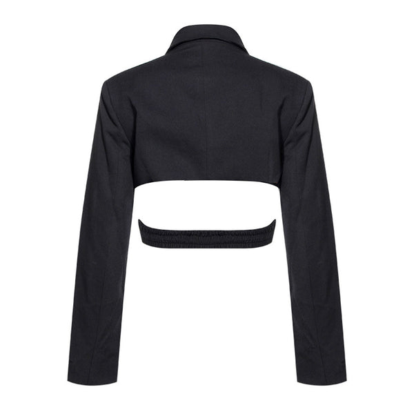 Asymmetric Cutout Peak Lapel Long Sleeve Crossover Belted Tailored Blazer