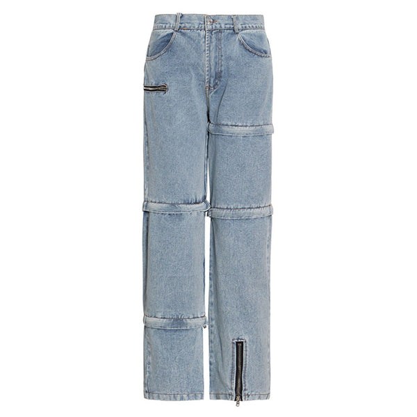 Asymmetric Detachable Zip Detail High Waist Straight Leg Jeans