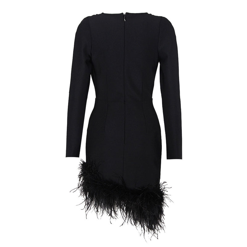 Asymmetric Faux Feather Trim Plunging Long Sleeve Mini Bandage Dress - Black