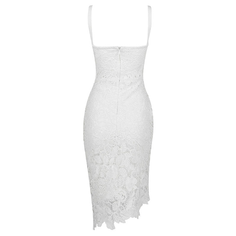 Asymmetric Floral Lace Embroidered Bustier Bandage Party Dress - White
