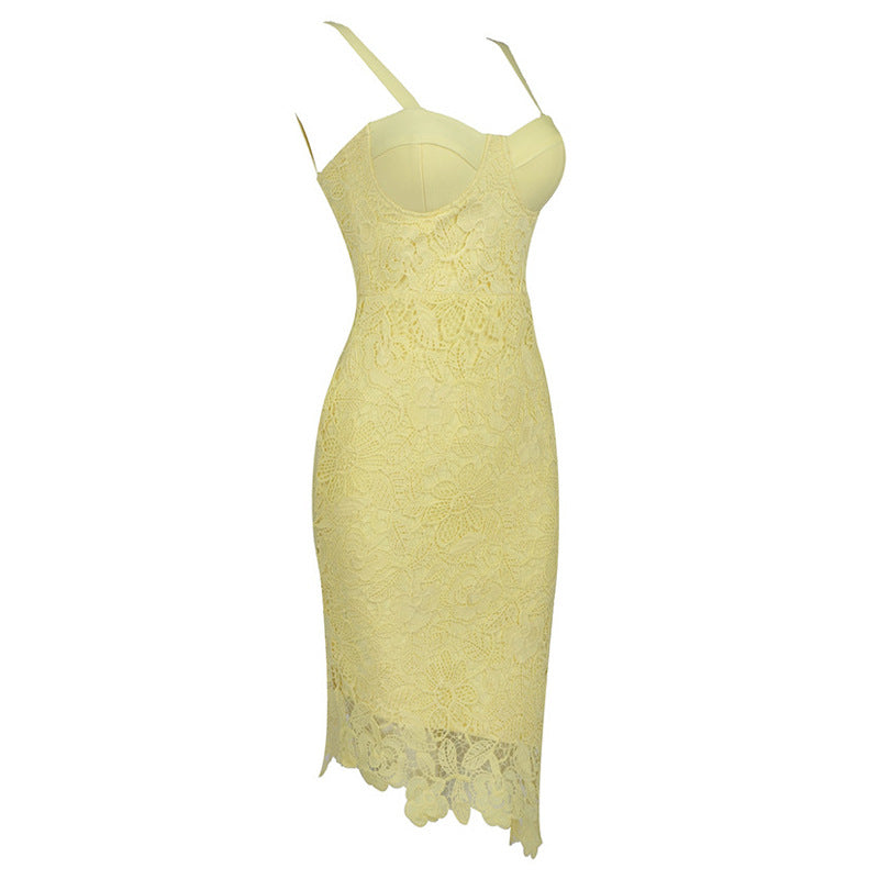 Asymmetric Floral Lace Embroidered Bustier Bandage Party Dress - Yellow