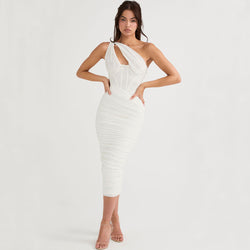 Asymmetric One Shoulder Cutout Ruched Corset Mesh Midi Dress - White