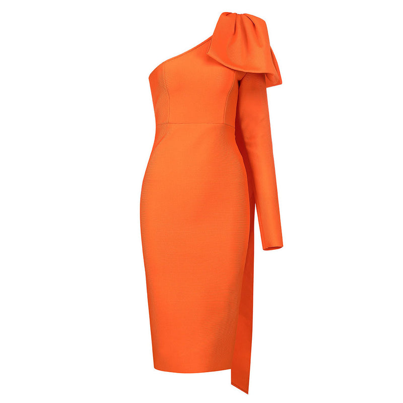 Bowknot One Shoulder Long Sleeve Bodycon Bandage Midi Dress - Burnt Orange