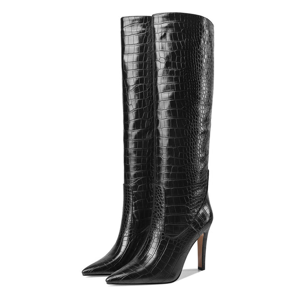 Chic Croc Effect Faux Leather Pointed Toe Knee High Stiletto Boots - Black
