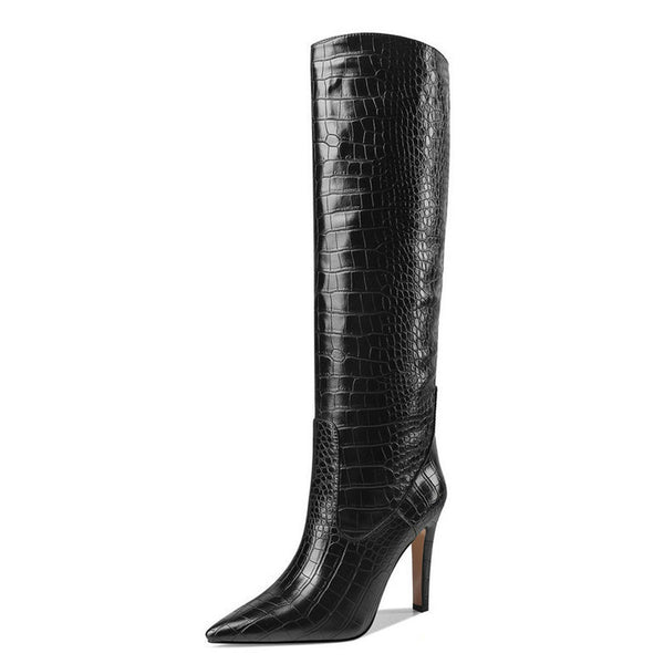 Chic Croc Effect Faux Leather Pointed Toe Knee High Stiletto Boots - Black