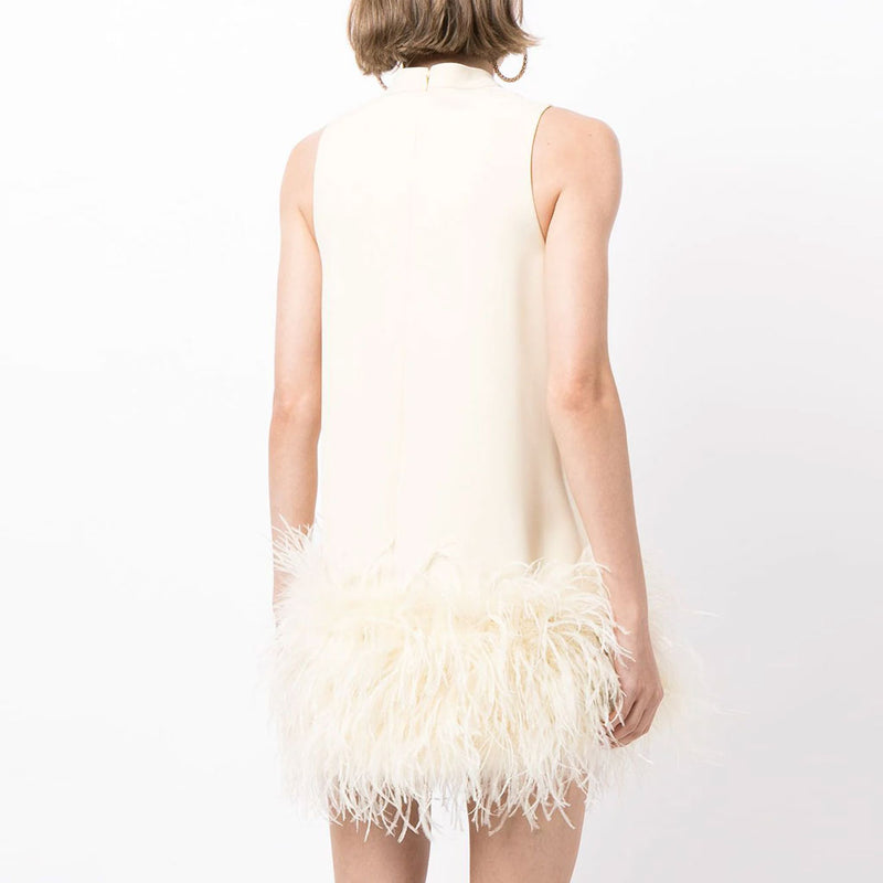 Chic Mock Neck A Line Feather Trim Sleeveless Mini Dress - White
