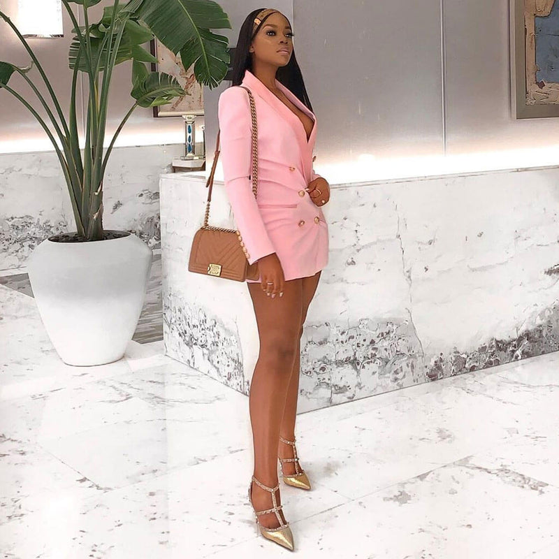 Chic Satin Collar Long Sleeve Double Breasted Mini Blazer Dress - Pink
