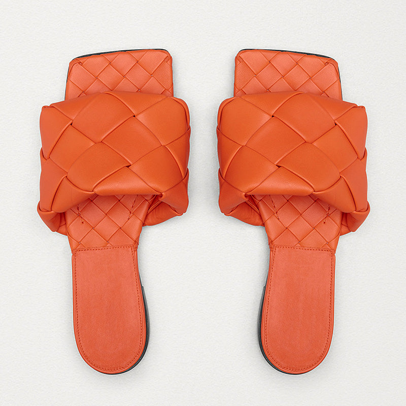 Chic Square Toe Braided Leather Slides - Burnt Orange