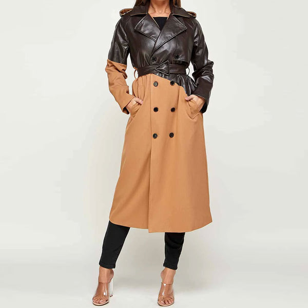 Chic Vegan Leather Panel Lapel Collar Double Breasted Belted Trench Coat - Khaki