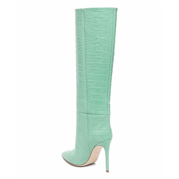 Classy Crocodile Effect Pointed Toe Knee High Stiletto Boots - Wasabi ...