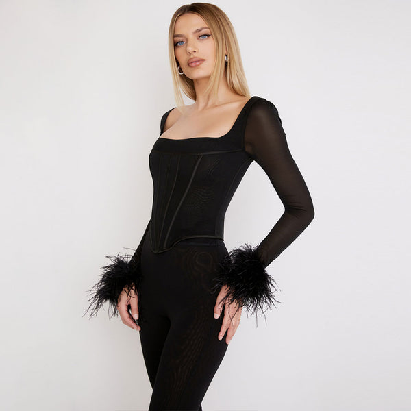 Classy Feather Trimmed Mesh Corset Long Sleeve Top - Black