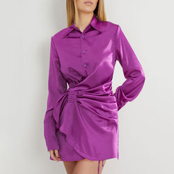 Classy Point Collar Draped Wrap Effect Satin Mini Shirt Dress - Purple