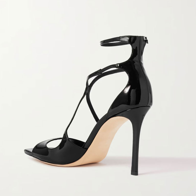 Classy Strappy Square Toe Ankle Strap Stiletto Patent Leather Sandals - Black