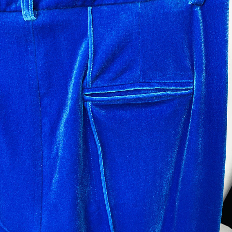 Classy Velvet Single Breasted Tailored Blazer Flare Pant Matching Set - Blue