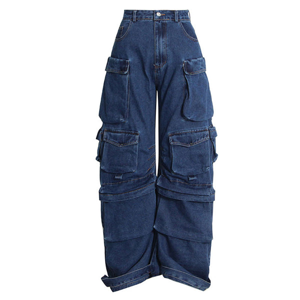 【BOK PLACE】American Casual Cargo Classic Long Wide DenimPt Glkaend Women's Vintage High Waist Casual Denim Cargo Pants