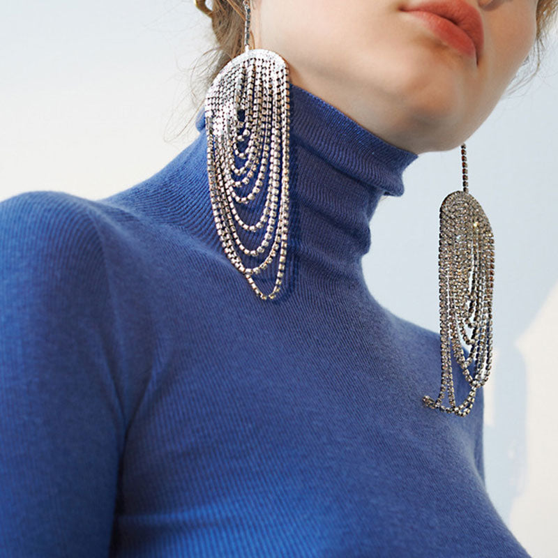 Dangling Multi Layer Rhinestone Tassel Chandelier Earrings - Silver