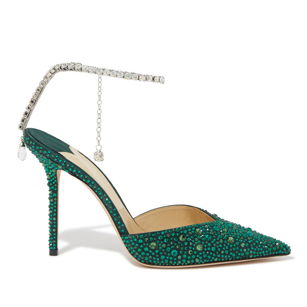 Diamante Ankle Strap Pointed Toe High Heel Pumps - Emerald Green